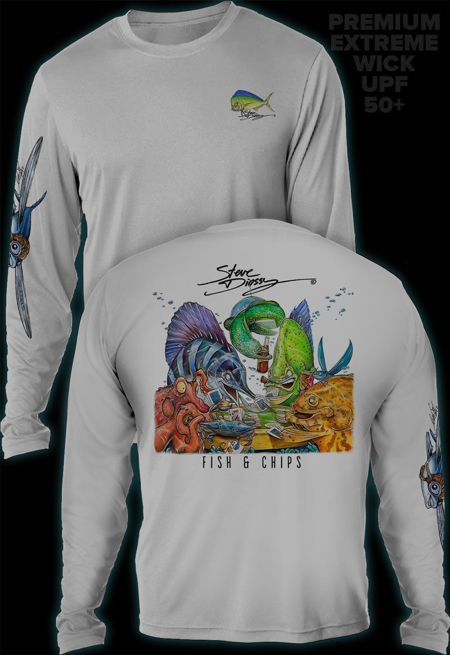 "Fish N Chips" Men's Extreme Wick Long Sleeve Performance Shirt ᴜᴘꜰ-ᴛᴇᴇ